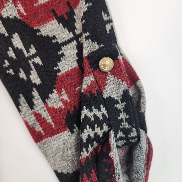 Pink Owl Sweater Womens Large Red Black GrayAztec Print Holiday Momcore Roll Tab - Picture 10 of 11